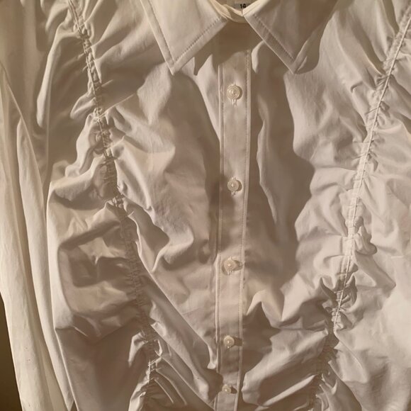 Calvin Klein white gathered button down the front shirt. - Picture 2 of 8